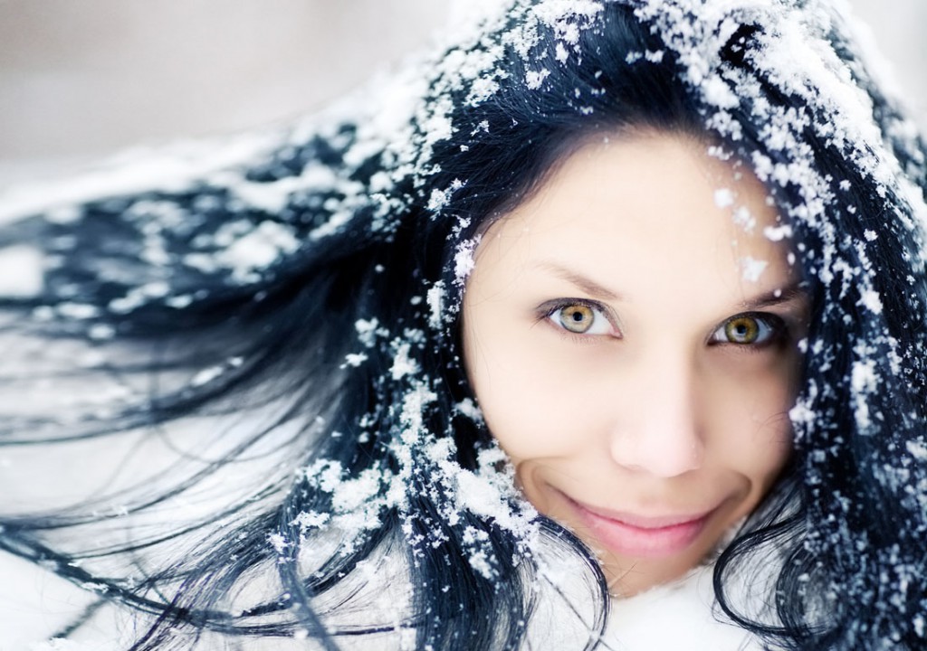 Woman winter portrait with snow.